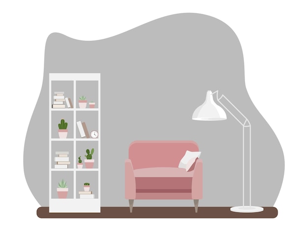 Вектор Интерьер гостиной с мебелью. плоский мультяшный стиль. векторная иллюстрация
