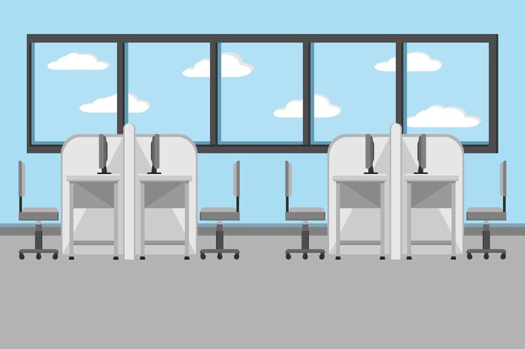 Vector interior office room with desk and window with cityscape