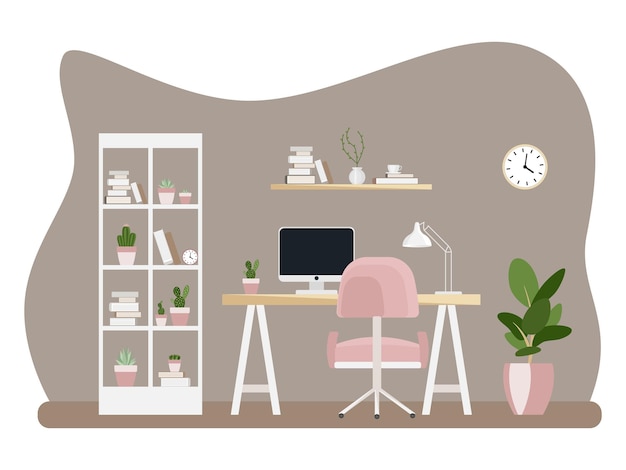 Vector interior of the office workplace with furniture. flat cartoon style. vector illustration