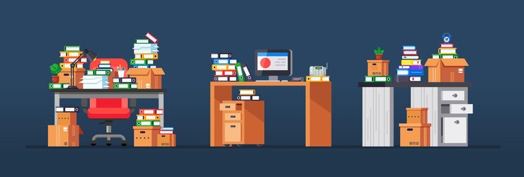 Vector interior of office workplaces with tables working equipment mountain documents