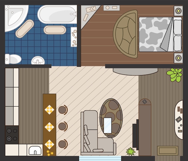 Interior plan in color. detailed apartment furniture overhead top view. room in flat style. house floor design project.