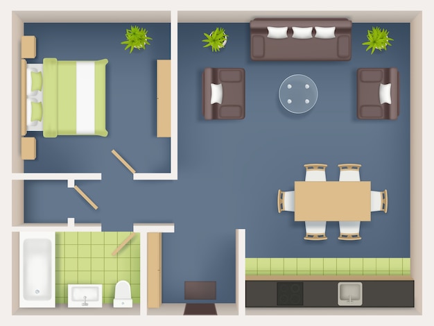 Interior plan top view. Realistic appartment livingroom bathroom badroom furniture table wardrobe sofa chairs tables realistic. Illustration interior top view, furniture plan living room