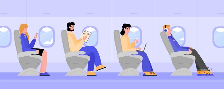 Vector interior of plane with travelers passengers sitting in chairs a vector illustration