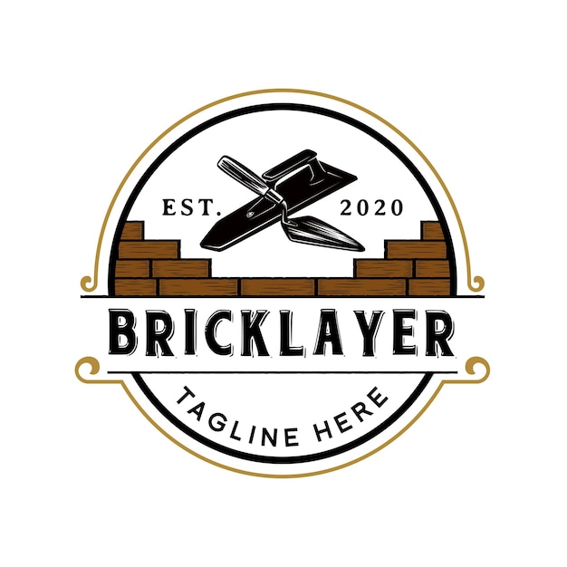 Interior plastering service emblem logo design with hand trowel sign and bricks