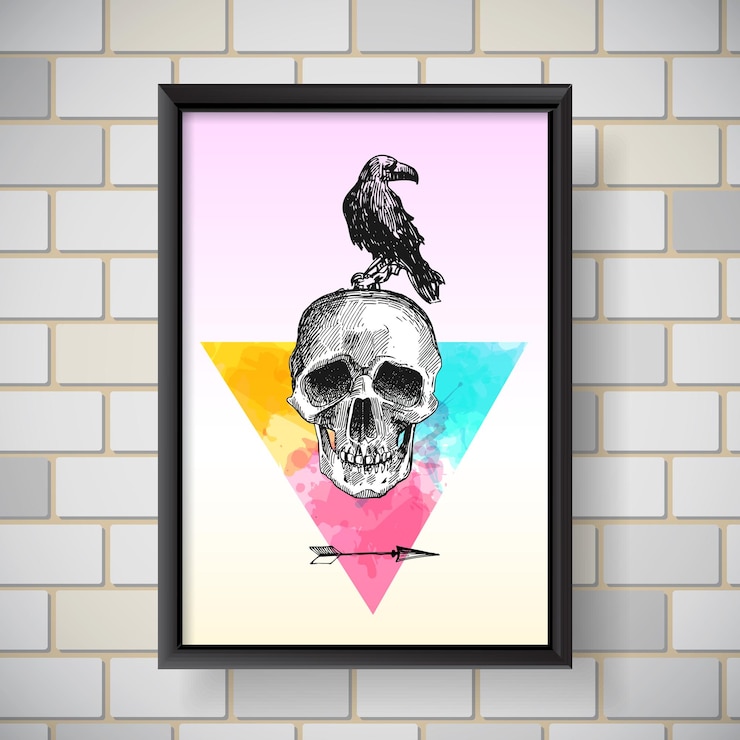 Vector interior poster skull with bird hand drawn vector illustration boho style