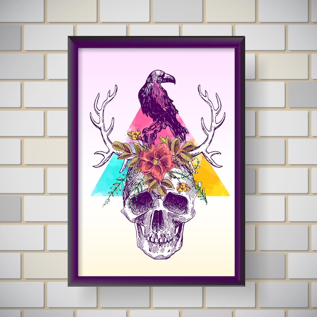 Interior poster skull with bird Hand drawn vector illustration Boho style