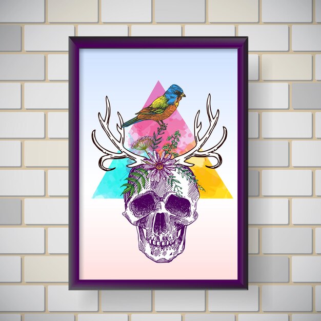 Cranio poster interno con uccello illustrazione vettoriale disegnata a mano stile boho