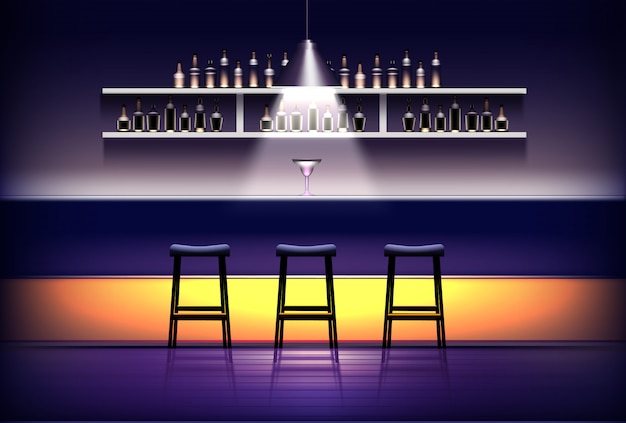 Interior of pub, bar or cafe. empty bar counter with lamp above, cocktail, stools, shelves with alcohol bottles.