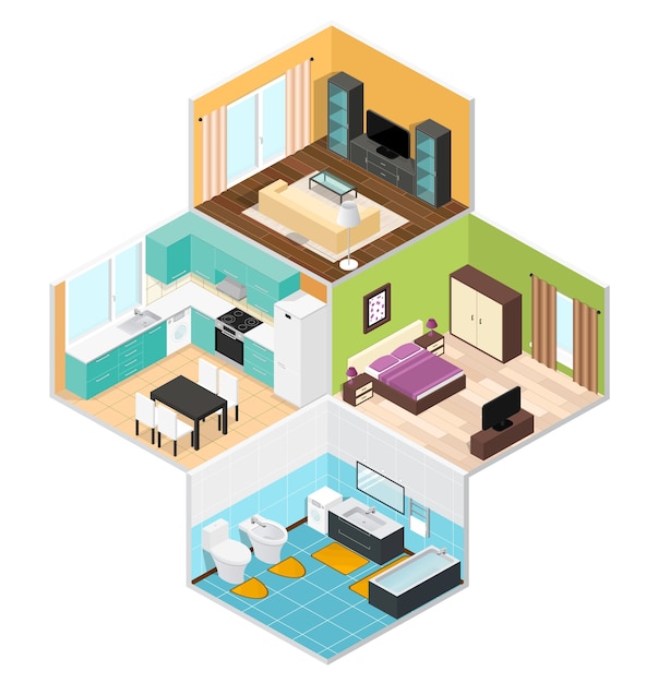 Vector interior rooms of the house on isometric view