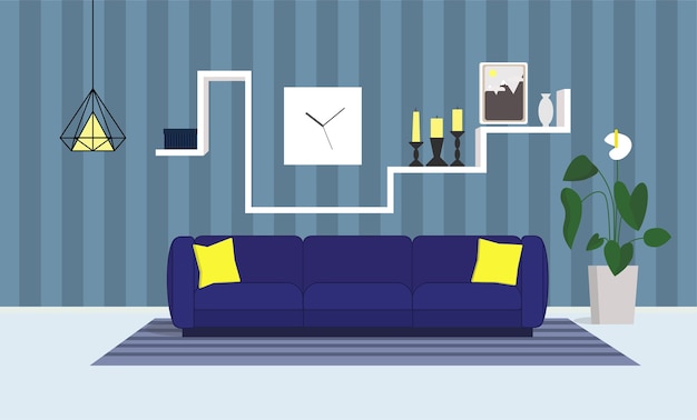 Vector interior salon with blue sofa