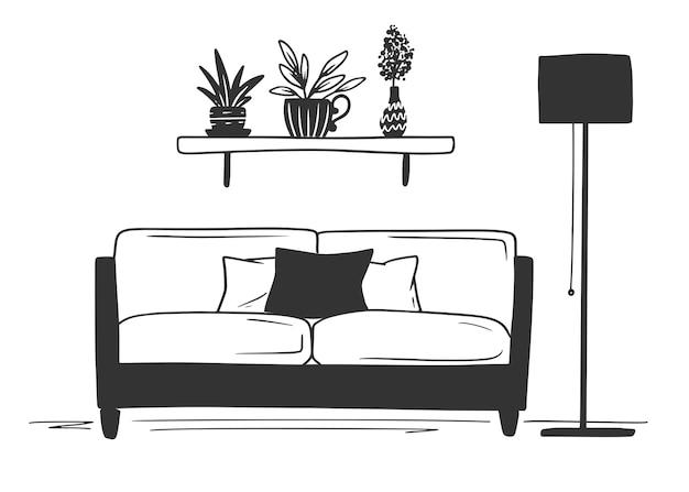 Interior in Scandinavian style. Part of the room. Hand drawn  illustration of a sketch style.