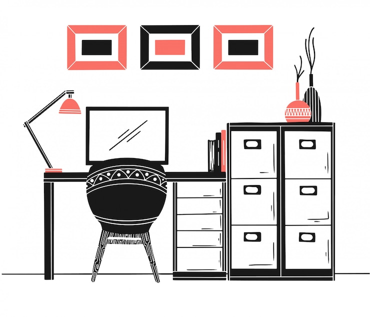 Vector interior in scandinavian style. workplace with a computer. sketch of the interior. vector