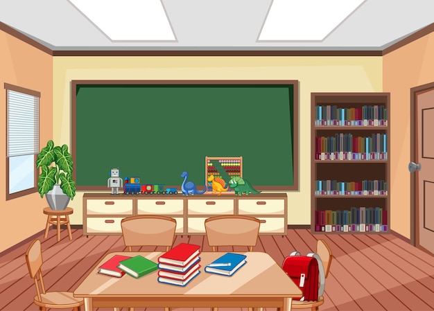 Vector interior of school classroom with chalkboard