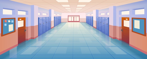 Interior school corridor with doors and lockers vector illustration Empty school or college hallway