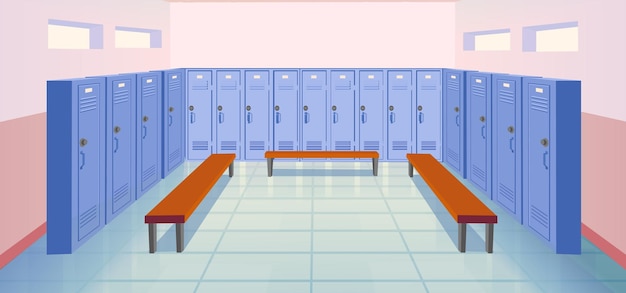 Interior school room with closed lockers and benches. Sport dressing room. Empty school or college