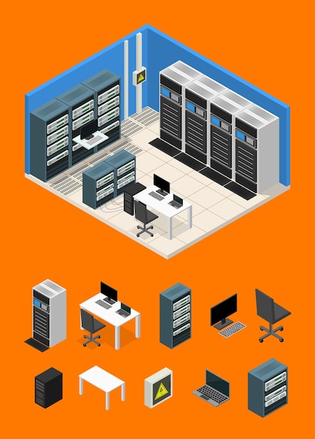 Vector interior server room and parts isometric view vector