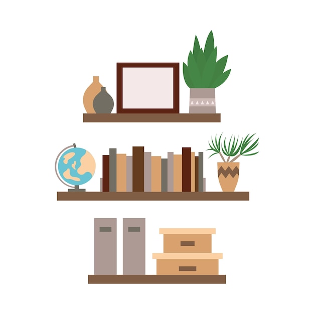 Interior shelf flat style illustration Vector bookshelf with globe plant books folder box vase