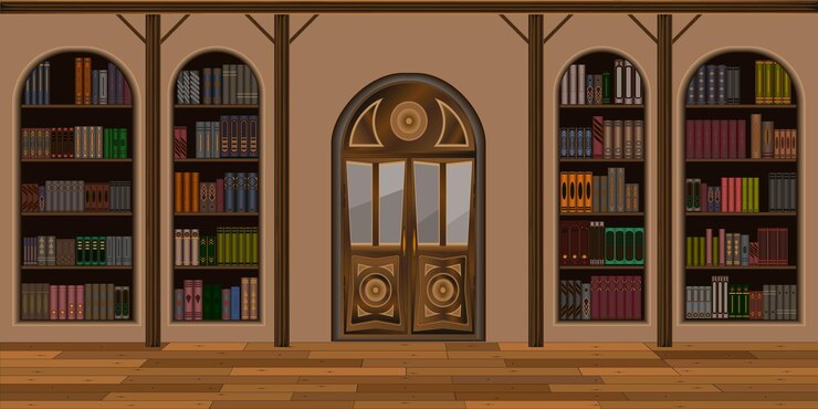 Vector interior of a spacious library or living room with a large door