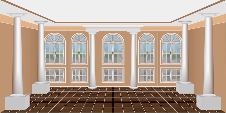 Vector interior of a spacious living room with large windows