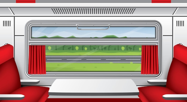 Vector interior of train wagon with window red curtains and seats with table road with trees train travel comfortable voyage