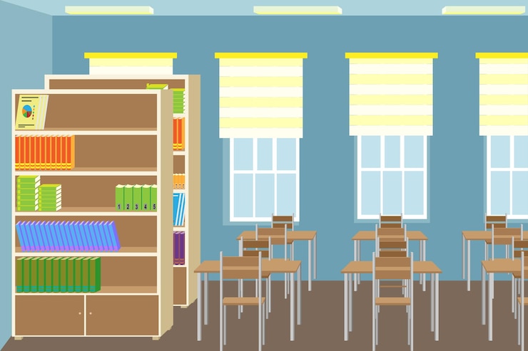 Vector interior view of a library with shelves lined with books