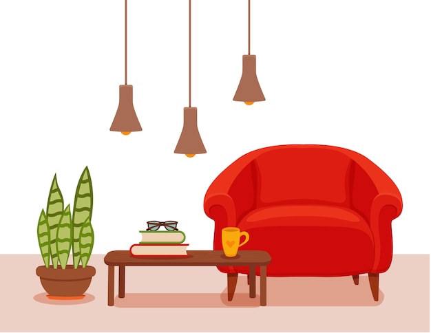 Vector interior with an armchair potted plant, floor lamp. colorful minimalistic style . cozy living room illustration. home inside design element