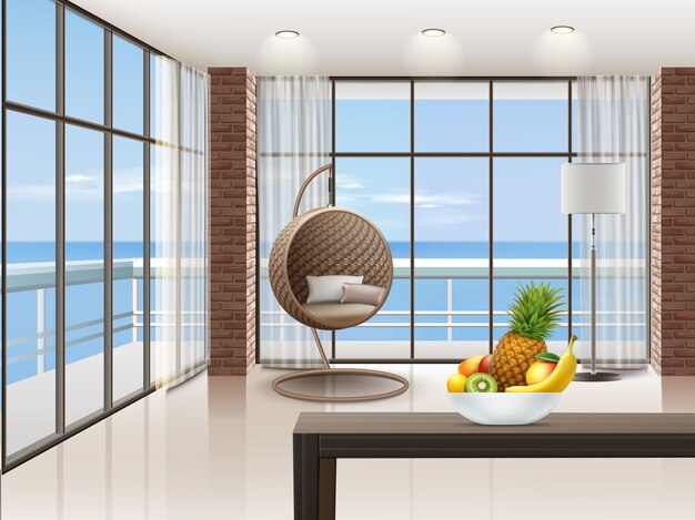 Vector interior with big windows, armchair, lamp, and table in eco-minimalism style