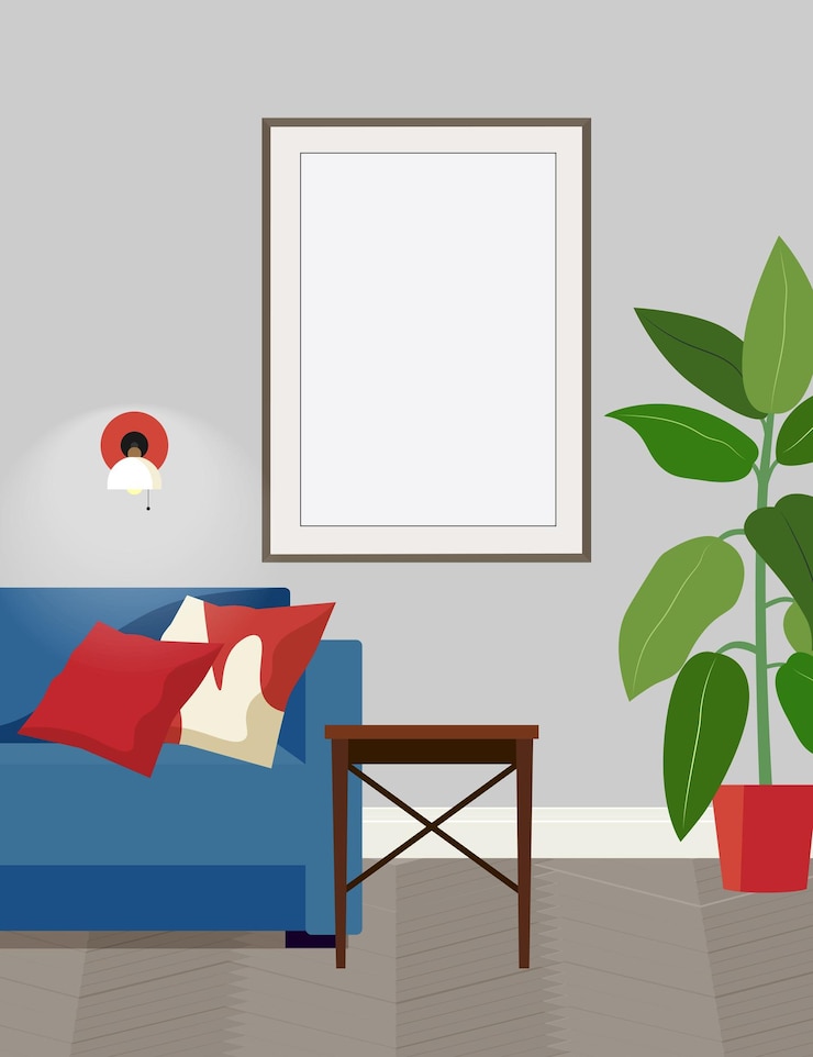 वेक्टर interior with blue sofa frame on a wall and plant classic interior with mockups of paintings