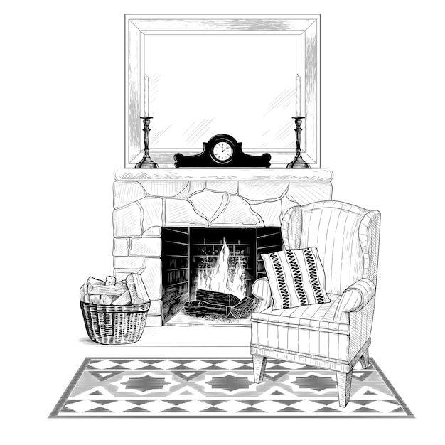 Interior with easy chair carpet and fireplace with firewood mirror candlesticks and mantel clocks