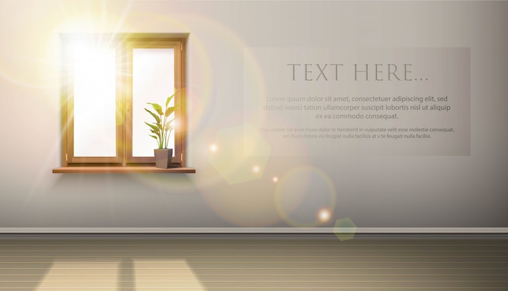 Vector  interior with wooden window, plant and sun shining through it. place for your advertisement.