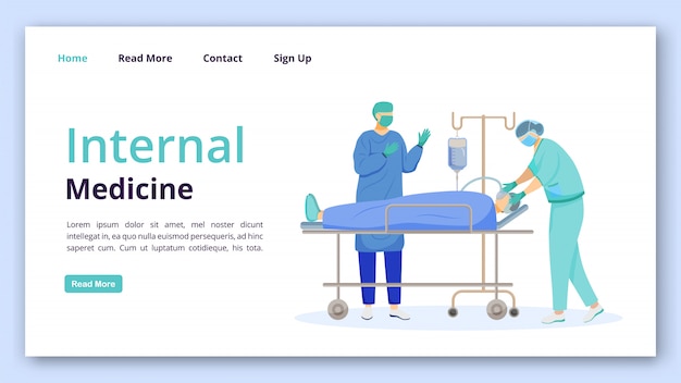 Modello di vettore di landing page medicina interna. idea dell'interfaccia del sito web di chirurgia con illustrazioni piatte. layout della homepage della clinica chirurgica. medicina e assistenza sanitaria