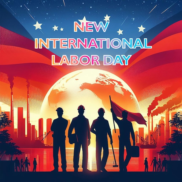 Vector internationaal arbeidsdag met het silhouet van vier arbeiders tegen een achtergrond van een zonsondergang en 2