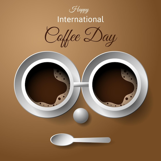 Internationaal koffiedagbannerontwerp met twee koffiekopjes die als een bril is geplaatst en een lepel als een lipvectorillustratie