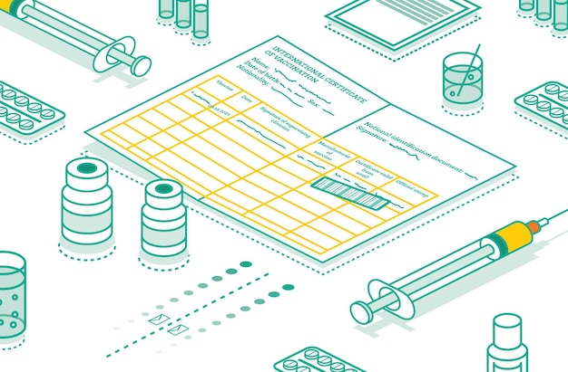 Internationaal vaccinatiecertificaat Coronavirus Covid19 Isometrisch schetsconcept met spuit en injectieflacon met vaccin