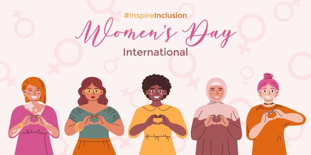 Internationaal Vrouwendagspaneel met vrouwen die de vorm van een hart tonen voor Inspire Inclusion