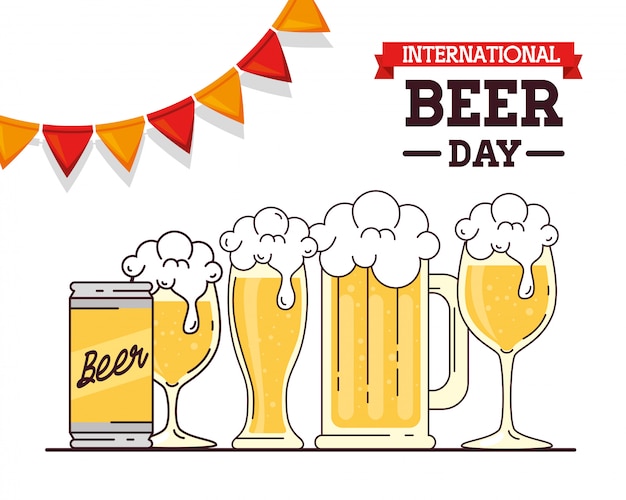 Vector international beer day, august, beers and garlands hanging decoration