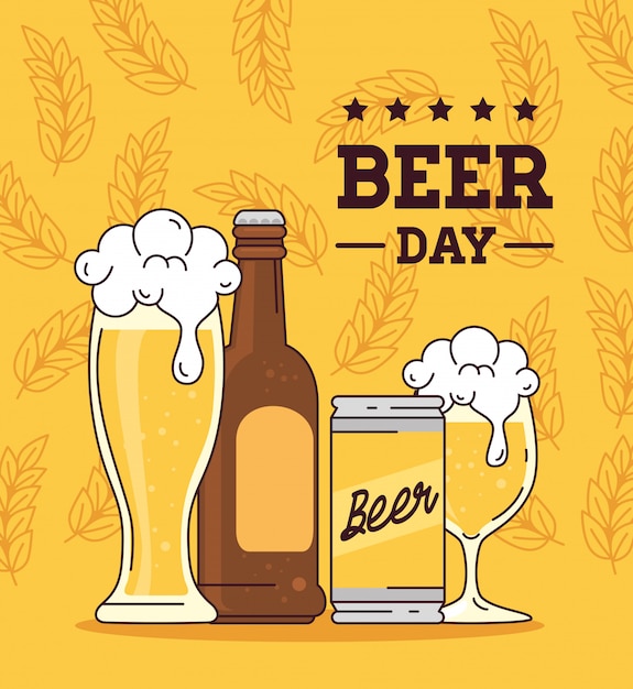 Международный день пива, август, бутылка, банка, чашка и бокал пива