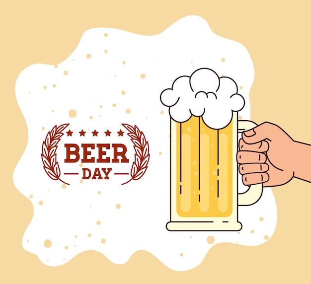 International beer day, august, hand with beer mug