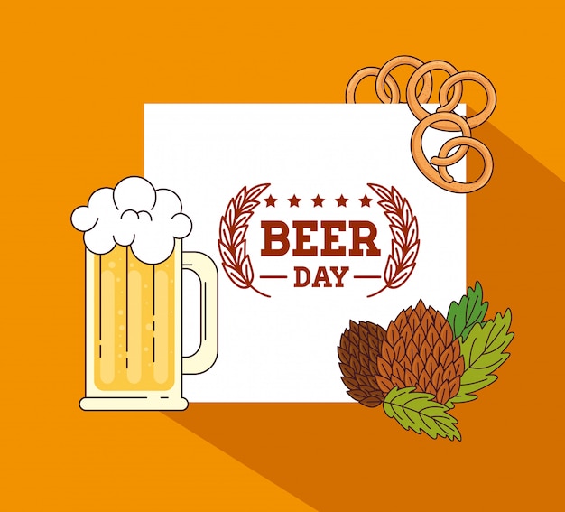 国際ビールの日、8月、種子ホップとビールのジョッキ