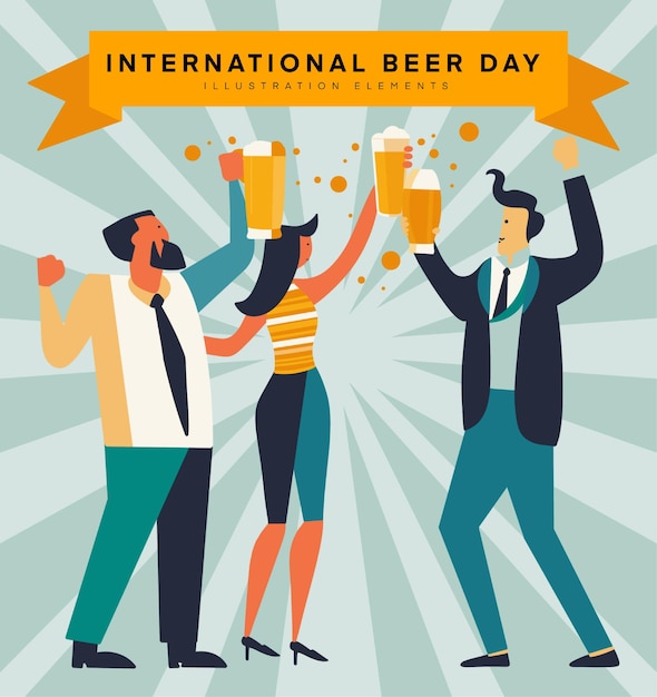 国際ビールの日の大胆なモダンなミッドセンチュリー スタイルのイラストのお祝い