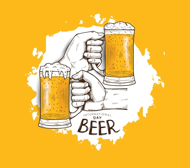 International Beer Day illustratie ontwerp met hand met mok bier