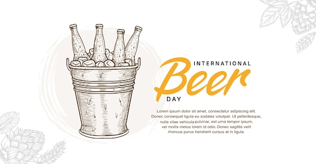 Disegno dell'illustrazione della giornata internazionale della birra con bottiglia disegnata a mano nel secchio