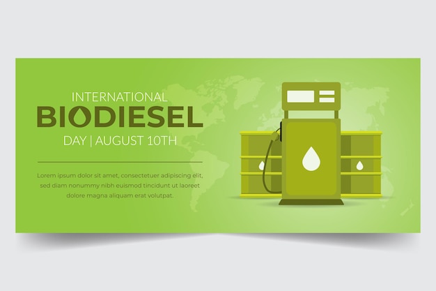 International Biodiesel Day August 10th banner with fuel pump and barrels green tone illustration