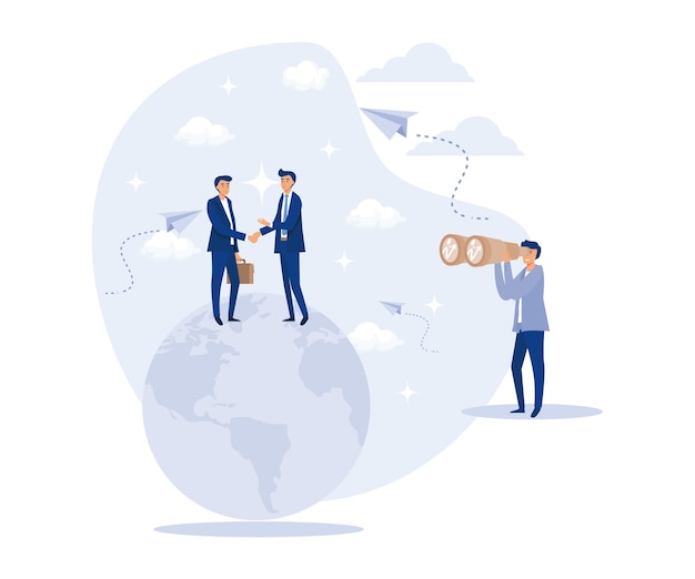 International Business Concept Men Shaking Hands Standing on Globe Looking at People with Telescope and Binoculars flat vector modern illustration