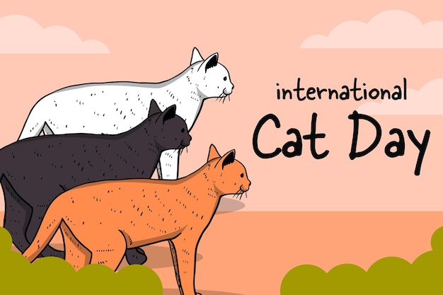 international cat day background illustration in hand drawn style