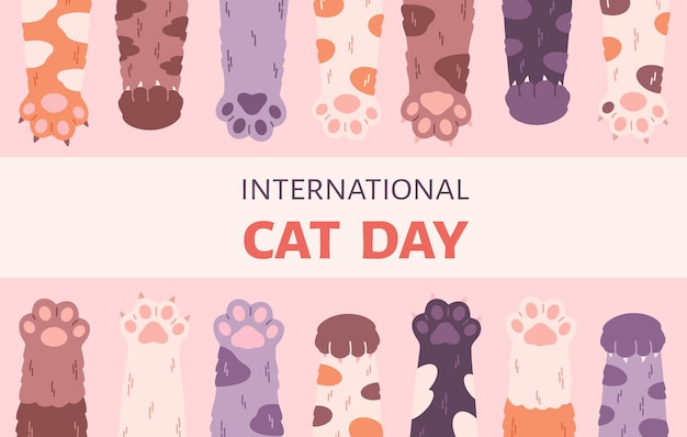 Vector international cat day greeting card cute cats paws with clows