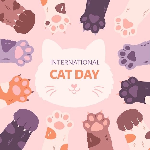 International Cat Day greeting card Cute cats paws