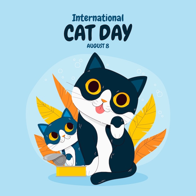 Вектор Международный день кошек рисованной плоской иллюстрации