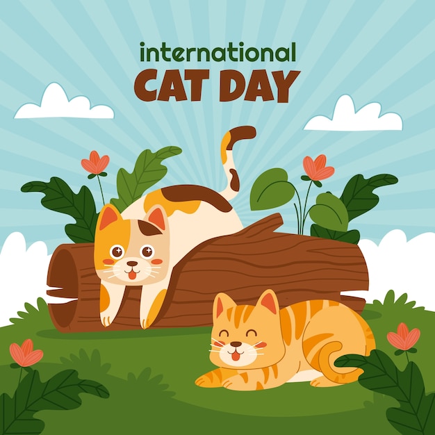 International cat day hand drawn flat illustration