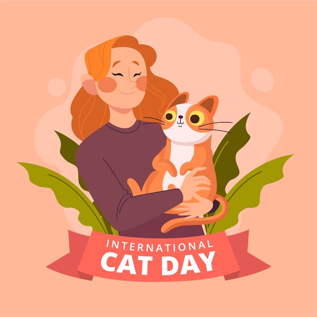 Международный день кошек рисованной плоской иллюстрации